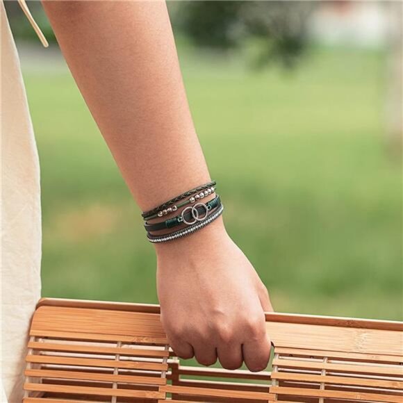 Boho Wrap Bracelets Leather Cuff Bangle Gold Beaded Bracelets for Women - Picture 2 of 7